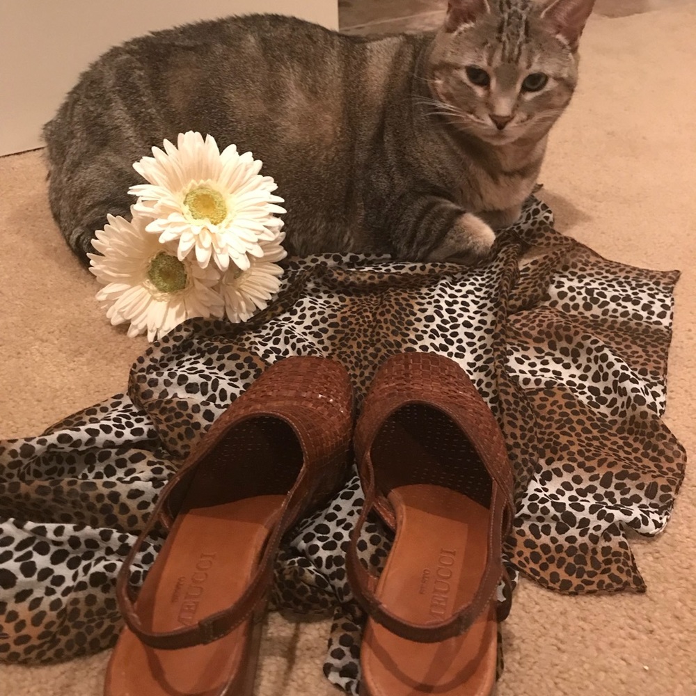 Brown woven leather sling back mules